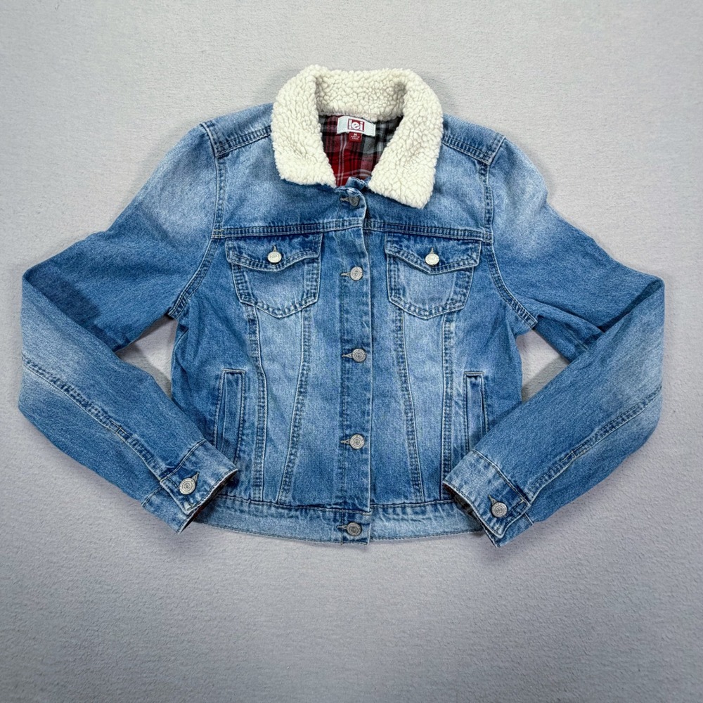 L.E.I. Denim‎ Jacket Juniors Medium Good Blue Sherpa Collar Plaid Lined Colleen